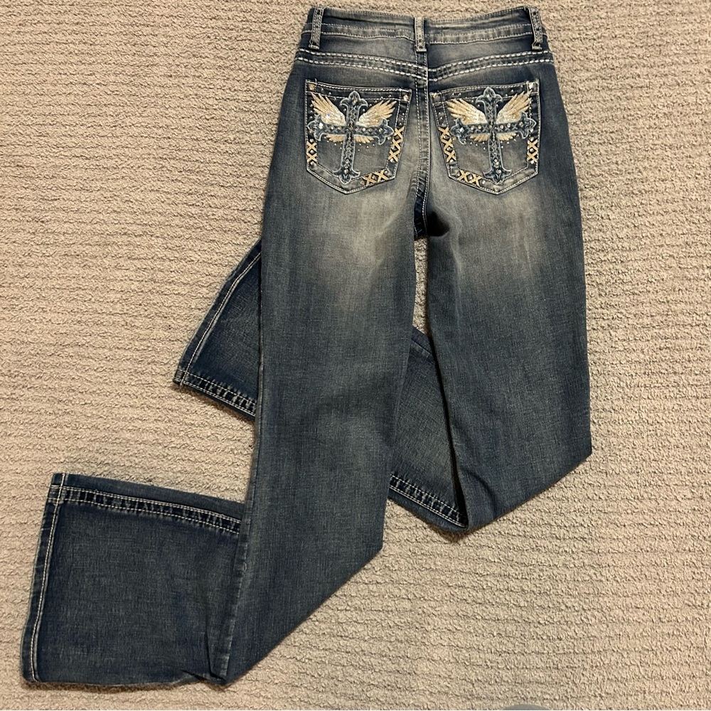 Love SoHo High Rise Flare Jeans —‎ Cross Back Pockets Contrast White Stitch Sz 1